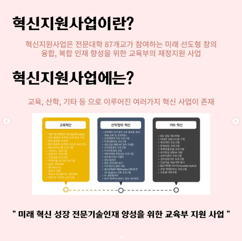 혁신지원사업이란? 혁신지원사업은 전문대학 87개교가 참여하는 미래 선도형 창의융합, 복합 인재 향성을 위한 교육부의 재정지원 사업, 혁신지원사업에는? 교육, 산학, 기타 등으로 이루어진 여러가지 혁신 사업이 존재, 